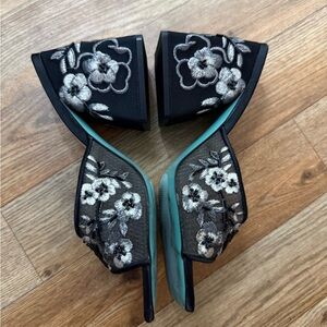 Betsey Johnson Roo Black slip on heel floral embroidered square